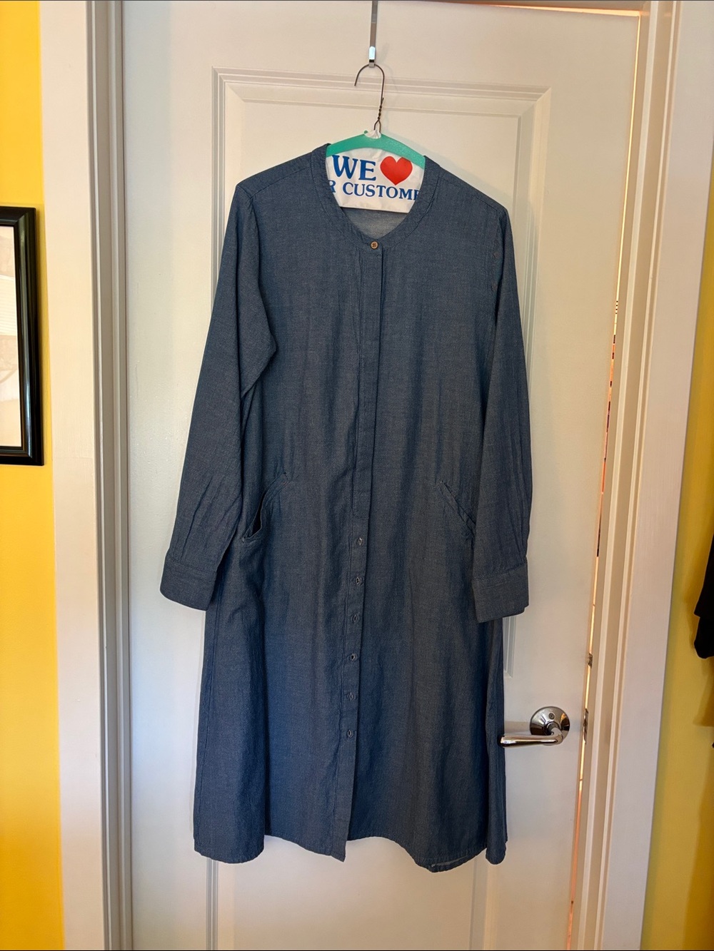 Women's Collarless Blue Long Button-Front Trench Coat